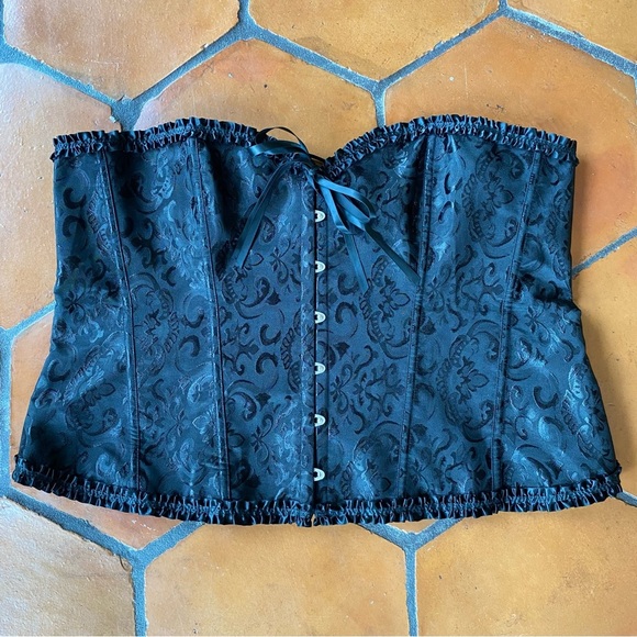 Corset black Jacquard Ruffle 5x Renaissance Steam Punk Costume Sexy Adjustable - Picture 1 of 5